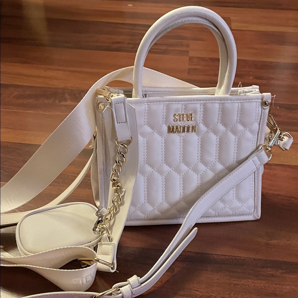 Steve Madden Ivory Quilted Crossbody Bag with Coin Case and Chain Guitar Strap